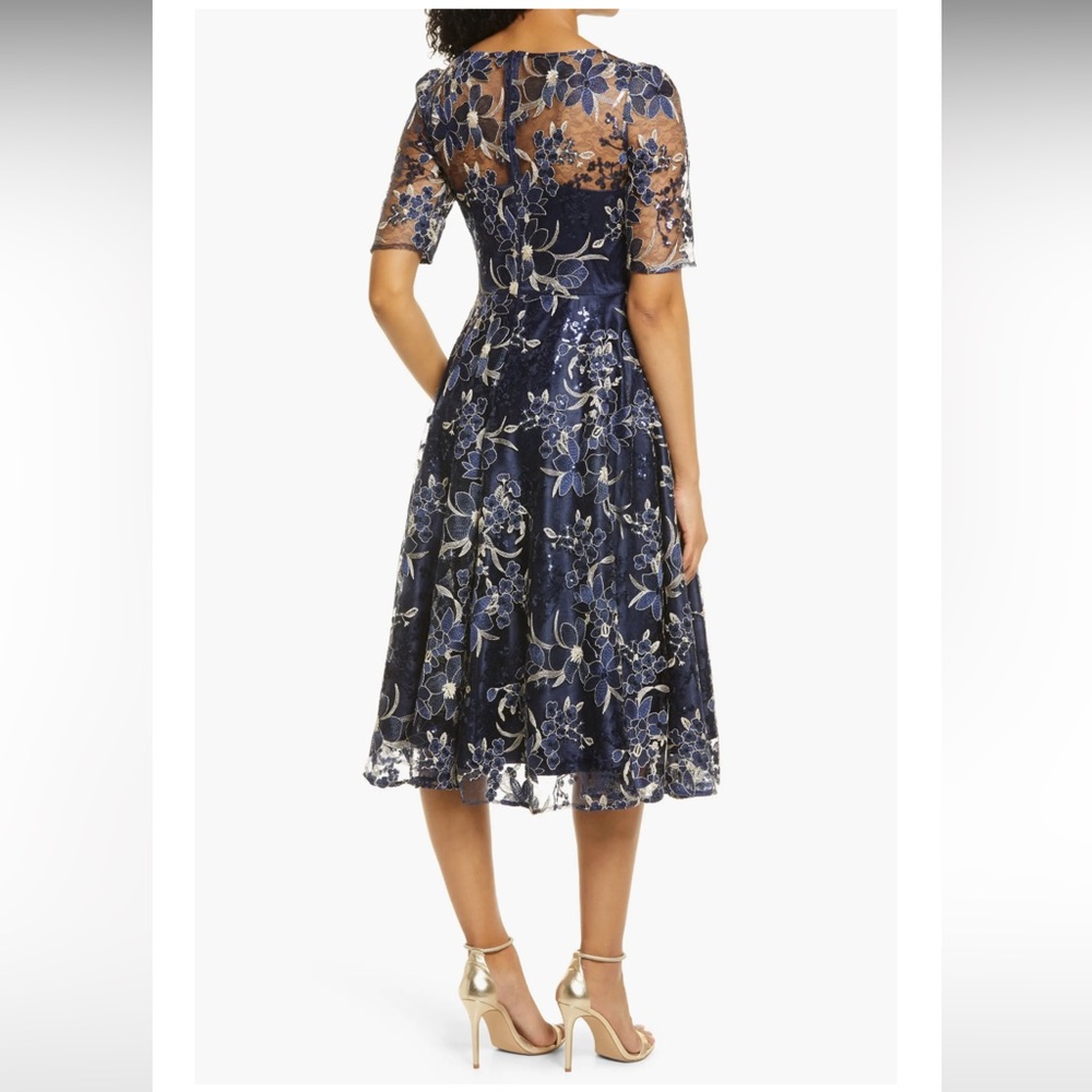 Eliza J Sequin Floral Embroidery Fit & Flare Cocktail Midi Dress size 12. (Navy)